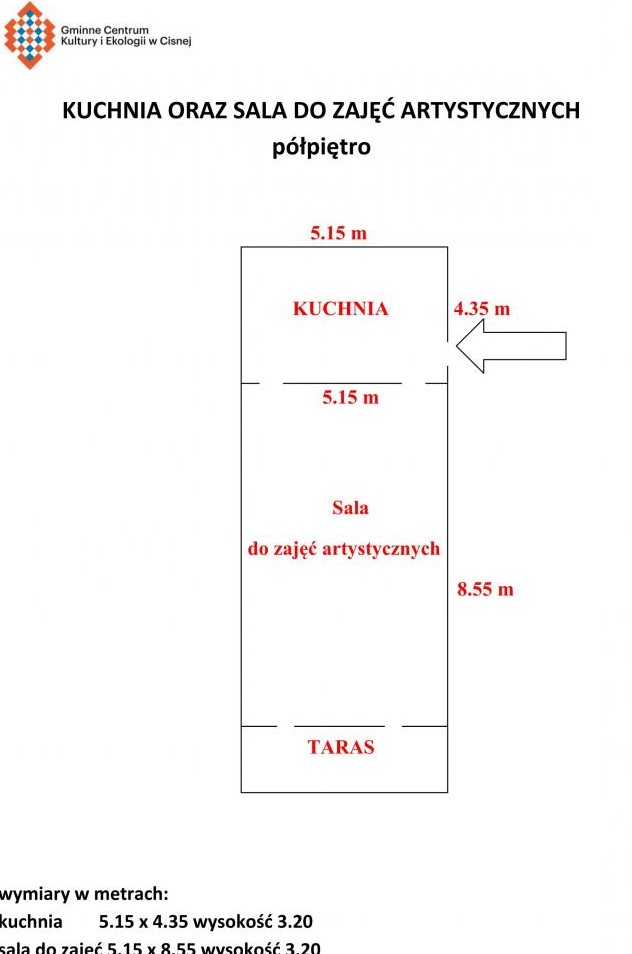 Schemat przedstawiający układ i wymiary sali z tarasem